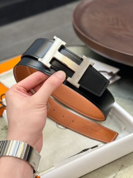 Hermes Guillochee H Buckle Unisex Belt Double Side